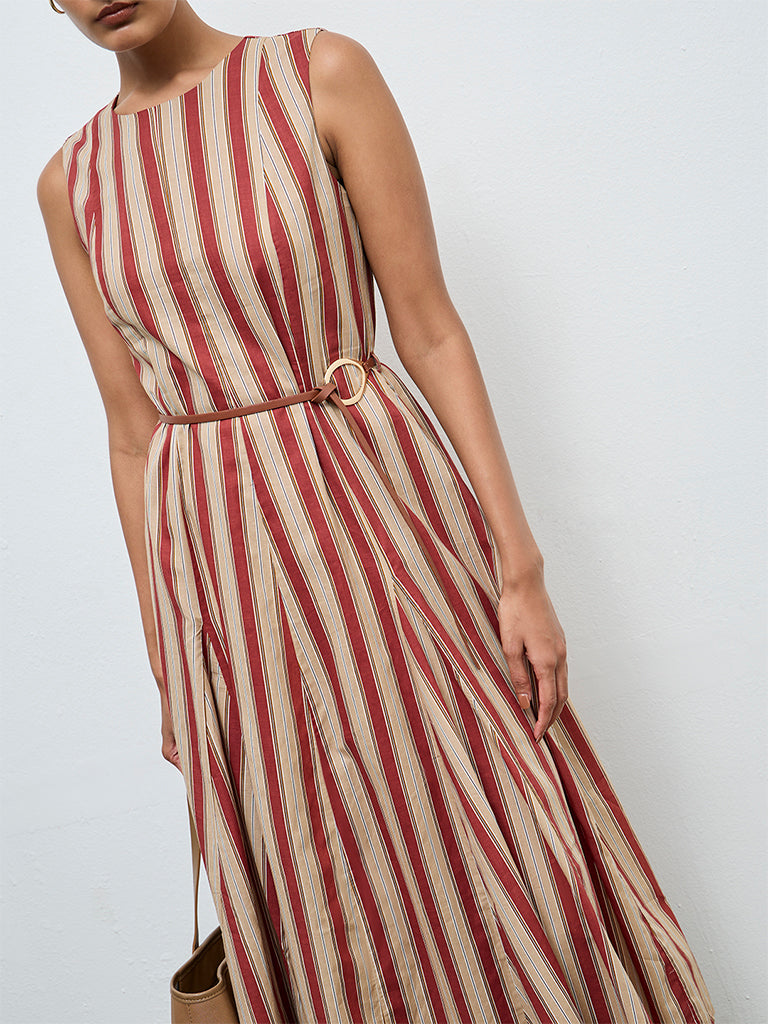 Wardrobe Rust Striped Cotton A-Line Dress