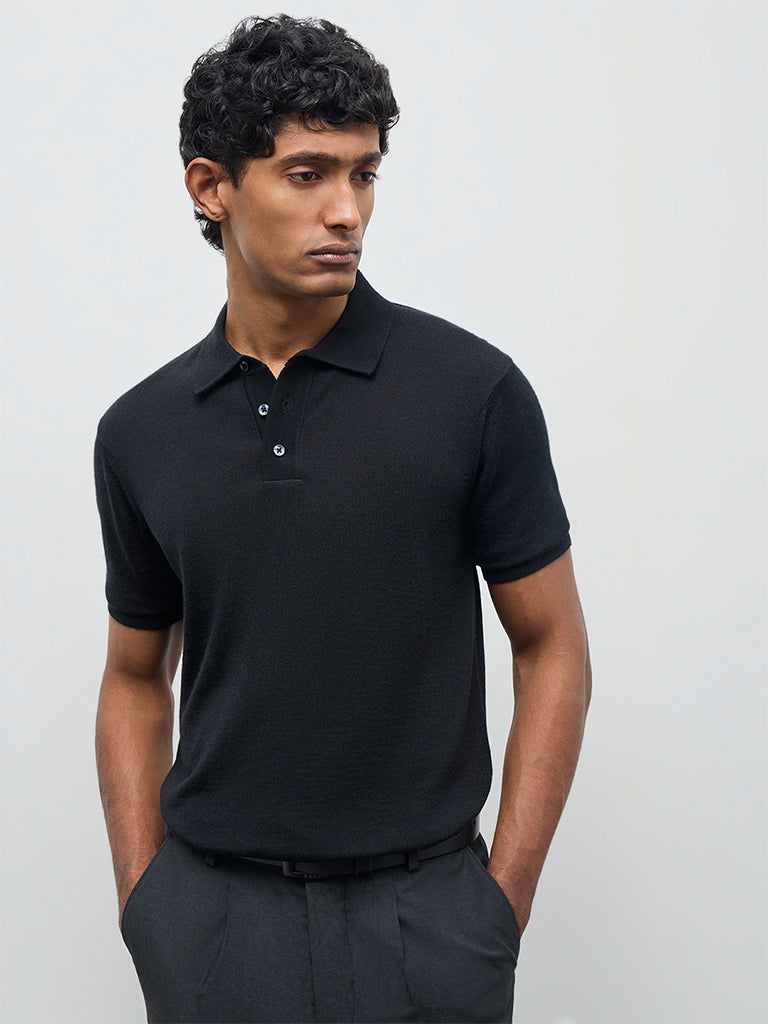 WES Formals Black Knit-Textured Relaxed-Fit Polo T-Shirt