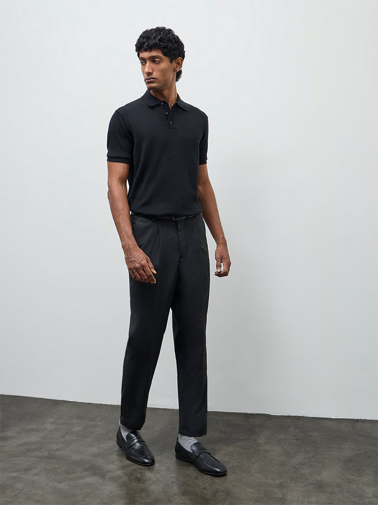 WES Formals Black Knit-Textured Relaxed-Fit Polo T-Shirt