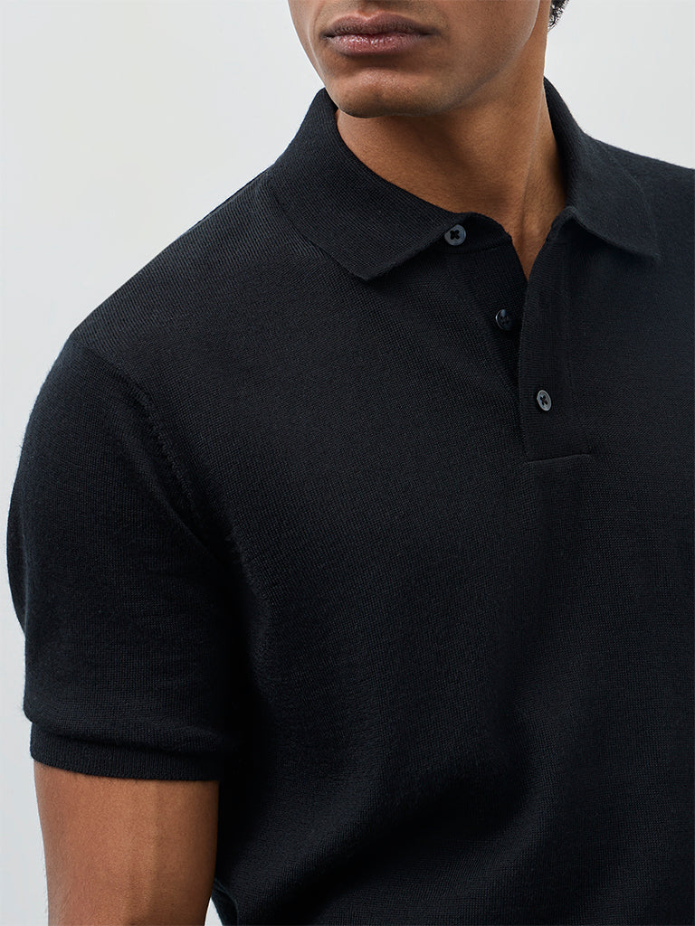 WES Formals Black Knit-Textured Relaxed-Fit Polo T-Shirt