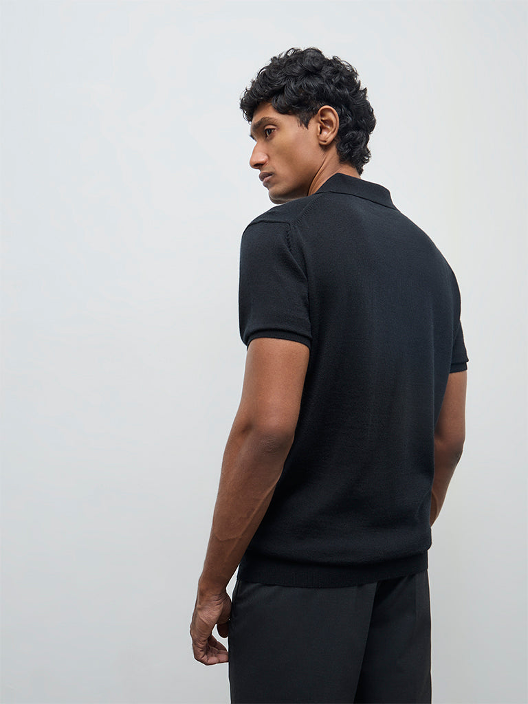 WES Formals Black Knit-Textured Relaxed-Fit Polo T-Shirt