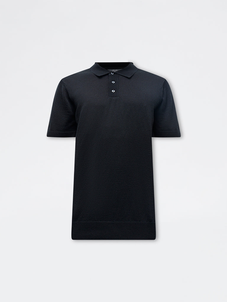 WES Formals Black Knit-Textured Relaxed-Fit Polo T-Shirt