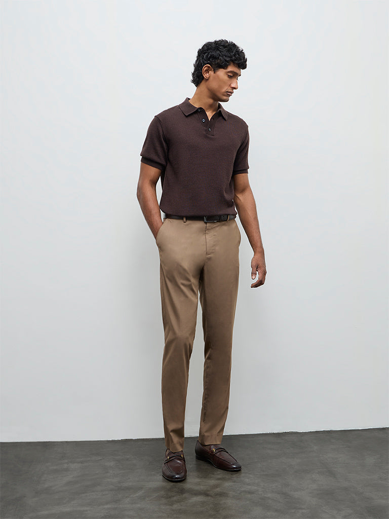 WES Formals Brown Knit-Textured Relaxed-Fit Polo T-Shirt