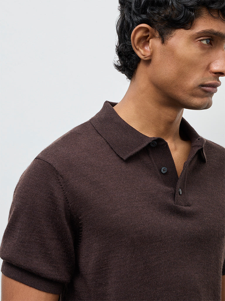 WES Formals Brown Knit-Textured Relaxed-Fit Polo T-Shirt