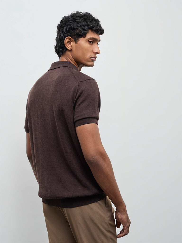 WES Formals Brown Knit-Textured Relaxed-Fit Polo T-Shirt