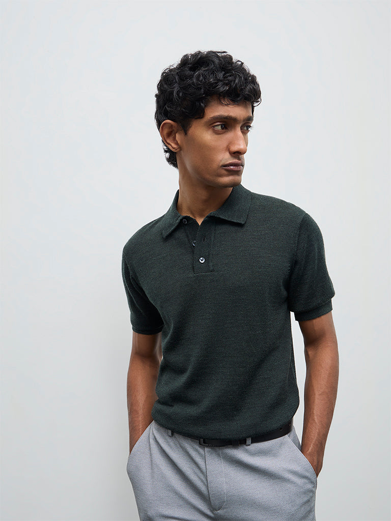 WES Formals Olive Knit-Textured Relaxed-Fit Polo T-Shirt