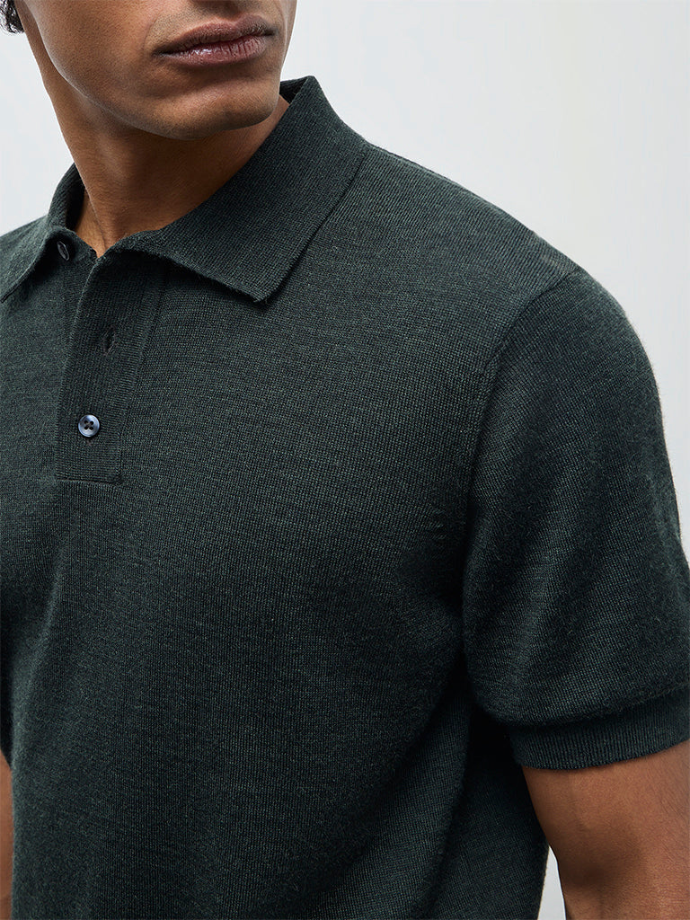 WES Formals Olive Knit-Textured Relaxed-Fit Polo T-Shirt