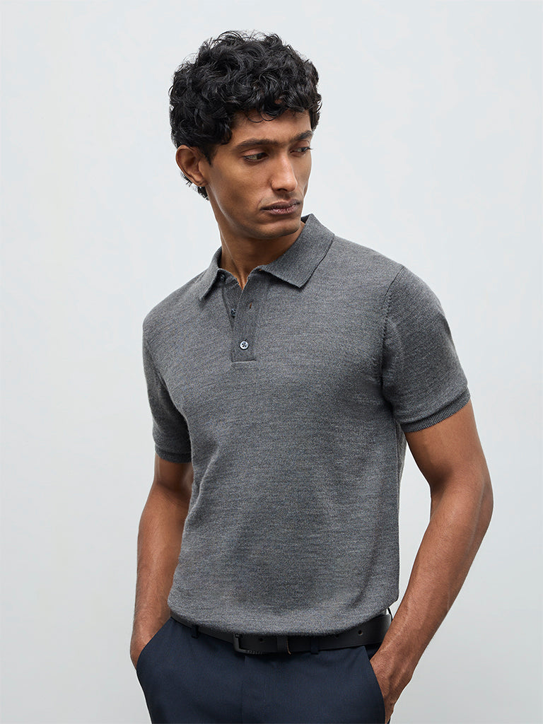 WES Formals Grey Knit-Textured Relaxed-Fit Polo T-Shirt