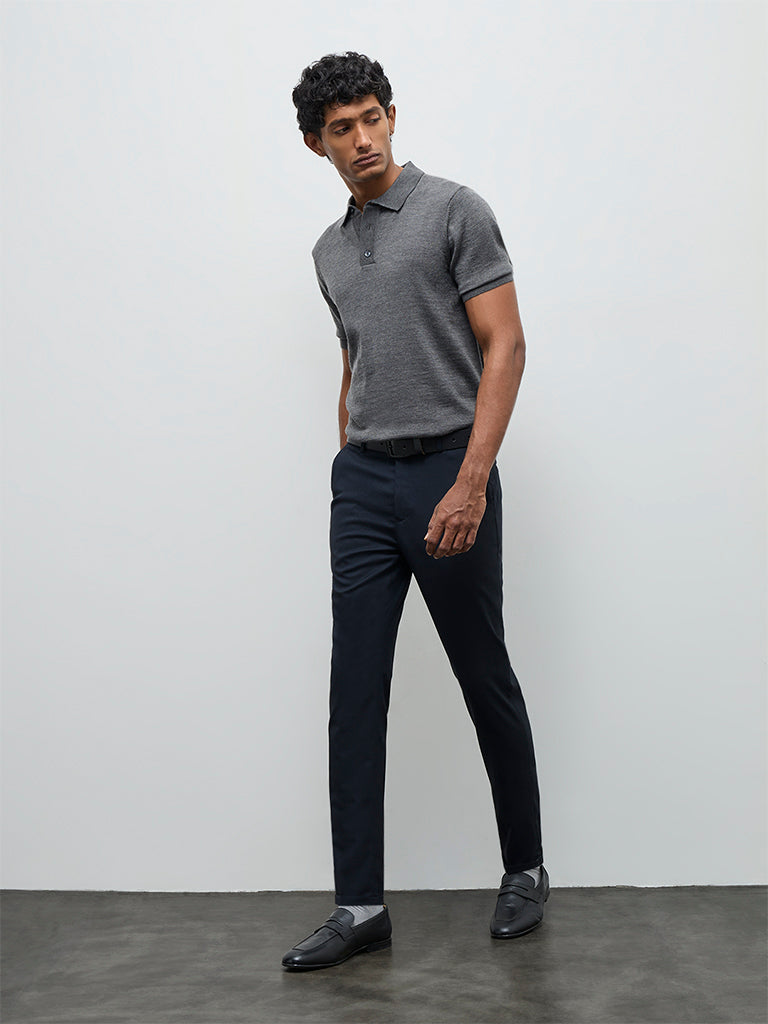 WES Formals Grey Knit-Textured Relaxed-Fit Polo T-Shirt