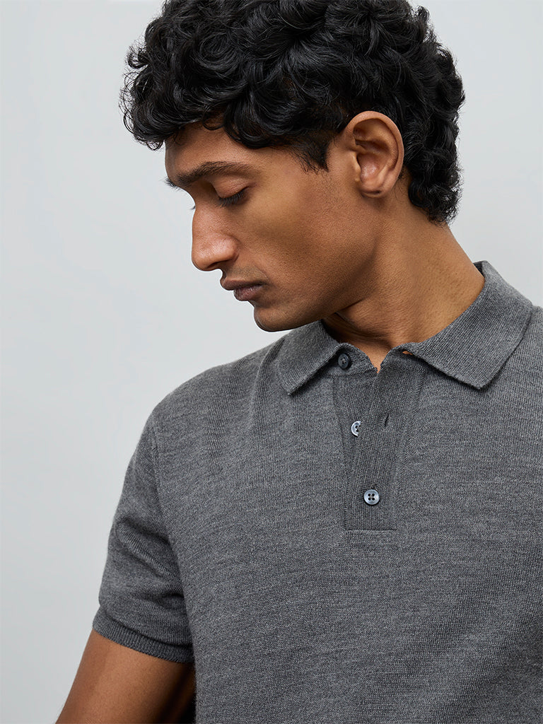 WES Formals Grey Knit-Textured Relaxed-Fit Polo T-Shirt