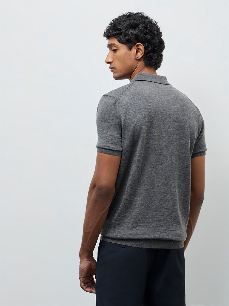 WES Formals Grey Knit-Textured Relaxed-Fit Polo T-Shirt