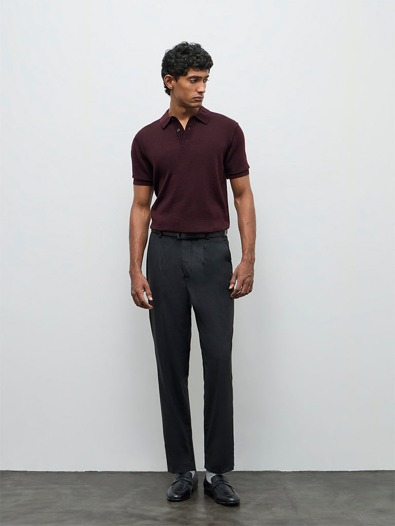 WES Formals Wine Knit-Textured Relaxed-Fit Polo T-Shirt
