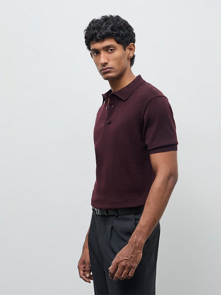 WES Formals Wine Knit-Textured Relaxed-Fit Polo T-Shirt
