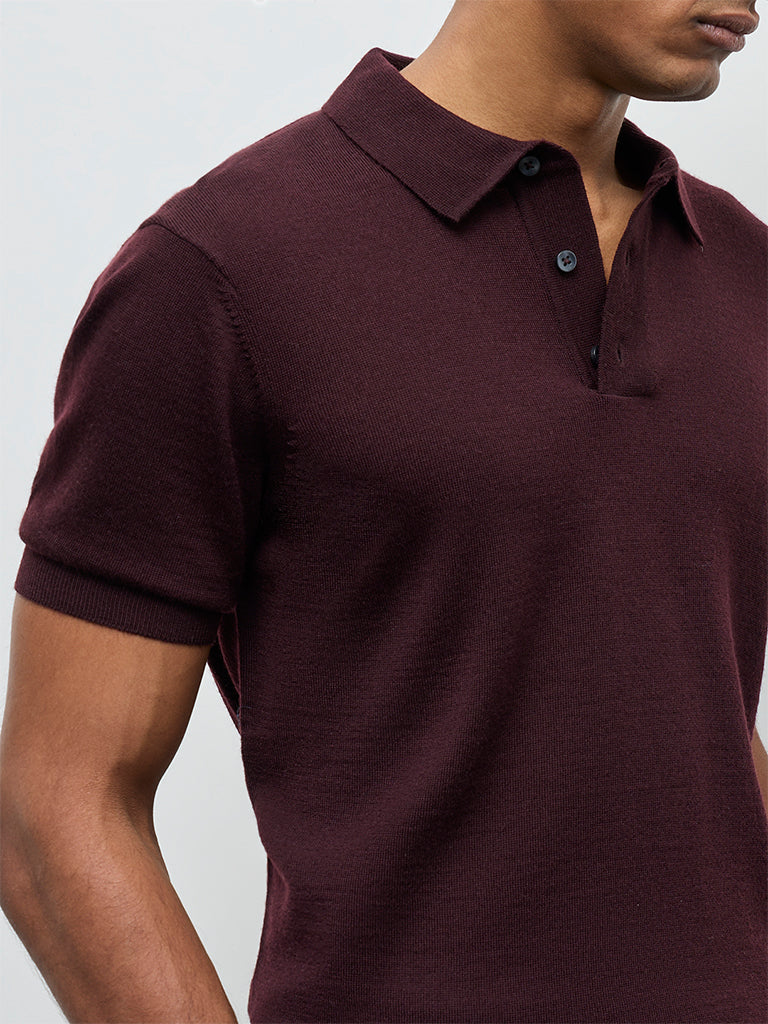 WES Formals Wine Knit-Textured Relaxed-Fit Polo T-Shirt