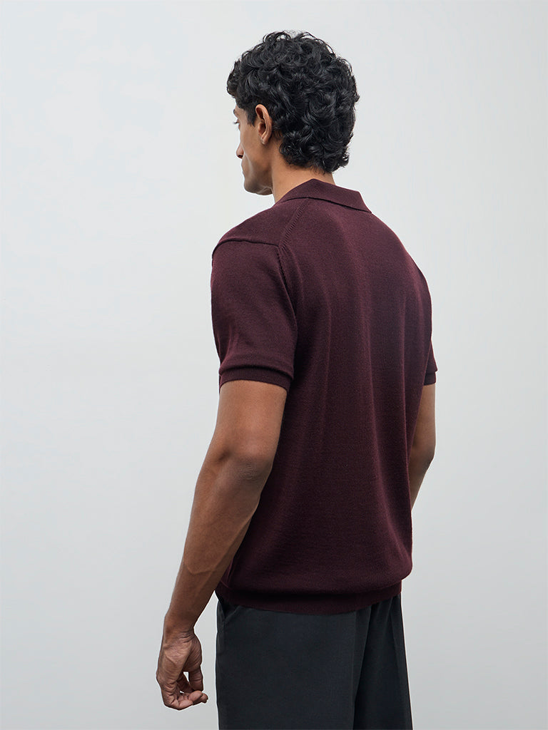 WES Formals Wine Knit-Textured Relaxed-Fit Polo T-Shirt