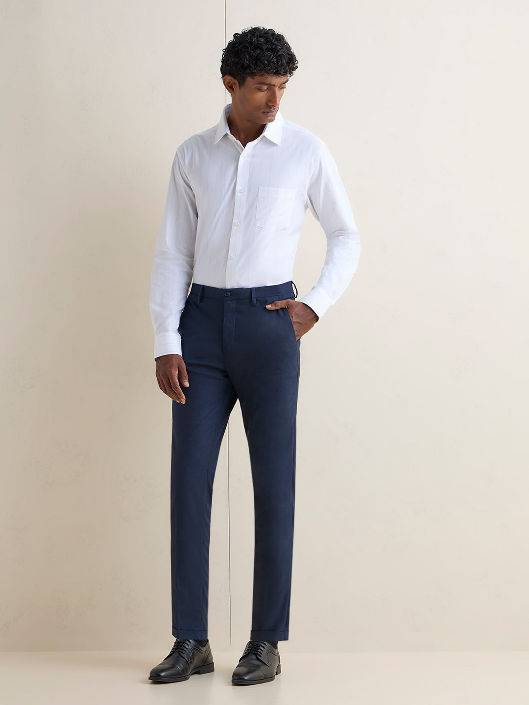 WES Formals Navy Slim-Fit Mid-Rise Trousers