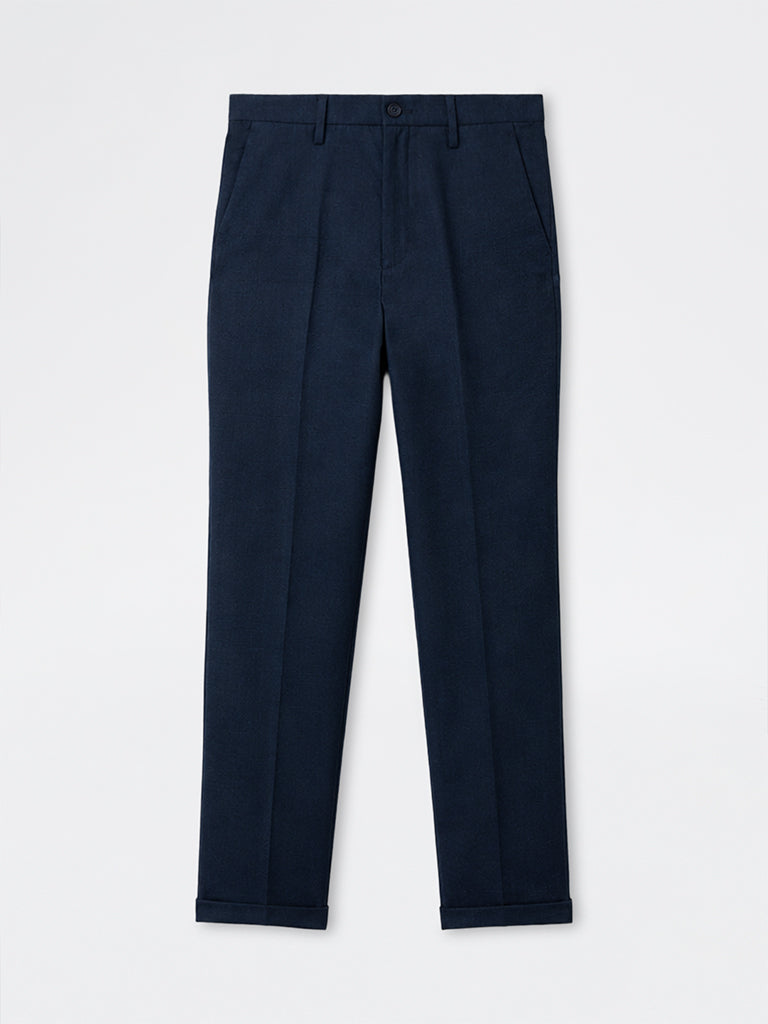 WES Formals Navy Slim-Fit Mid-Rise Trousers