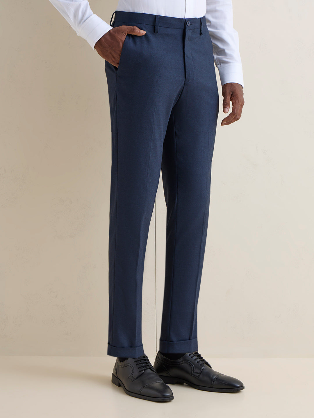 WES Formals Navy Slim-Fit Mid-Rise Trousers