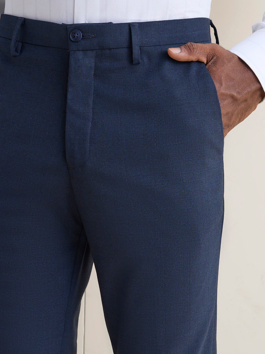 WES Formals Navy Slim-Fit Mid-Rise Trousers