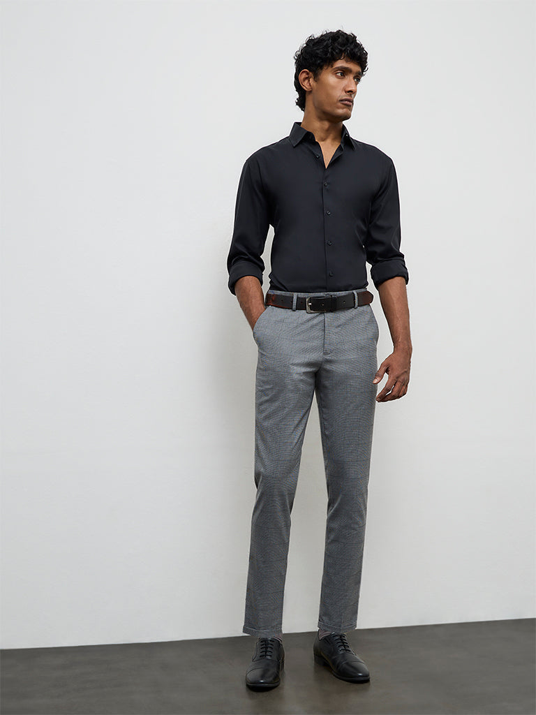 WES Formals Grey Plaid Checkered Slim-Fit Mid-Rise Trousers