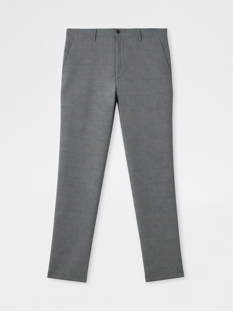 WES Formals Grey Plaid Checkered Slim-Fit Mid-Rise Trousers