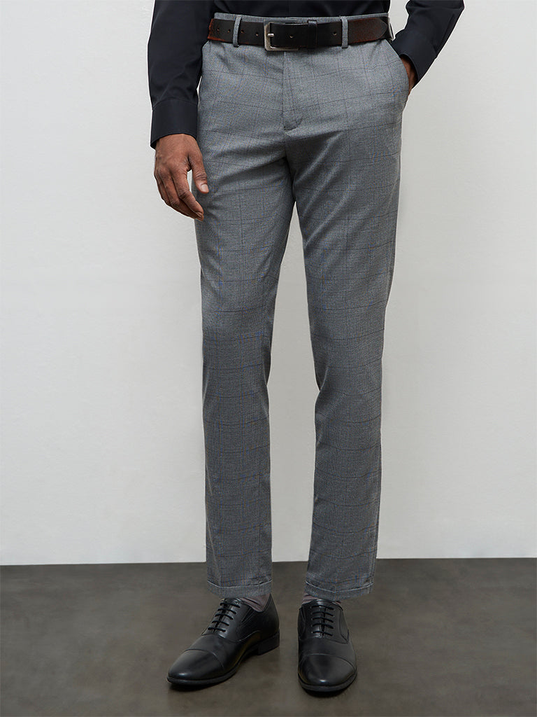 WES Formals Grey Plaid Checkered Slim-Fit Mid-Rise Trousers