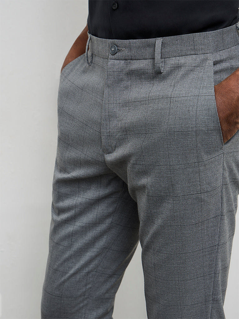 WES Formals Grey Plaid Checkered Slim-Fit Mid-Rise Trousers