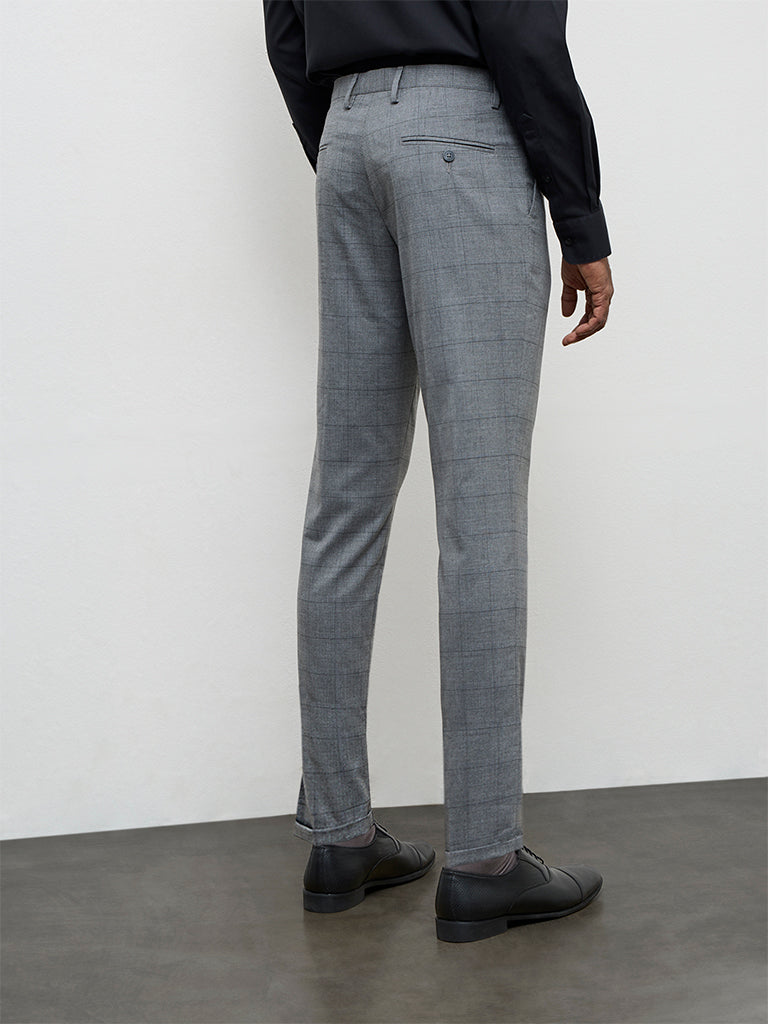 WES Formals Grey Plaid Checkered Slim-Fit Mid-Rise Trousers
