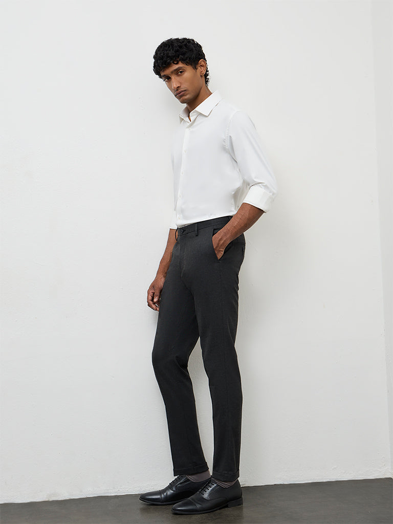 WES Formals Black Slim-Fit Mid-Rise Trousers