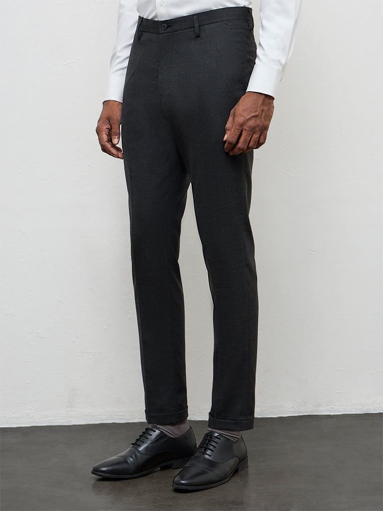 WES Formals Black Slim-Fit Mid-Rise Trousers