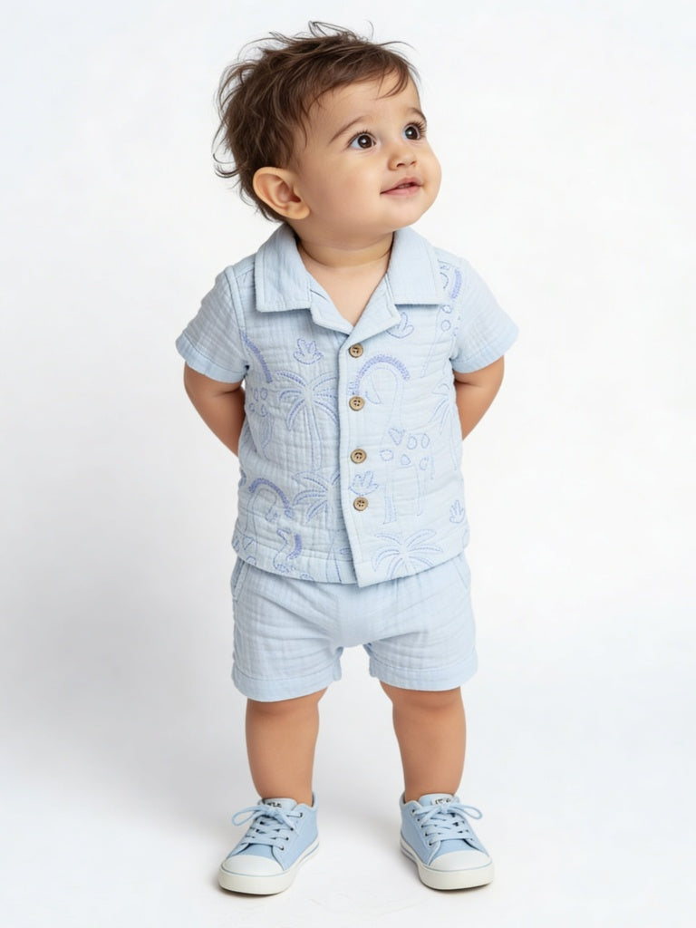 HOP Baby Boys Blue Resort-Fit Cotton Shirt and Shorts Set