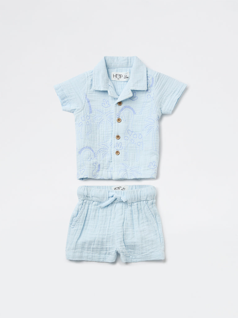 HOP Baby Boys Blue Resort-Fit Cotton Shirt and Shorts Set