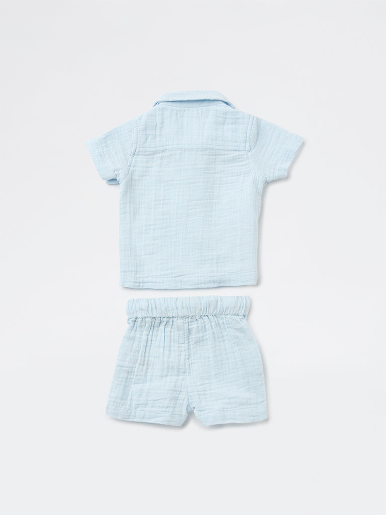 HOP Baby Boys Blue Resort-Fit Cotton Shirt and Shorts Set