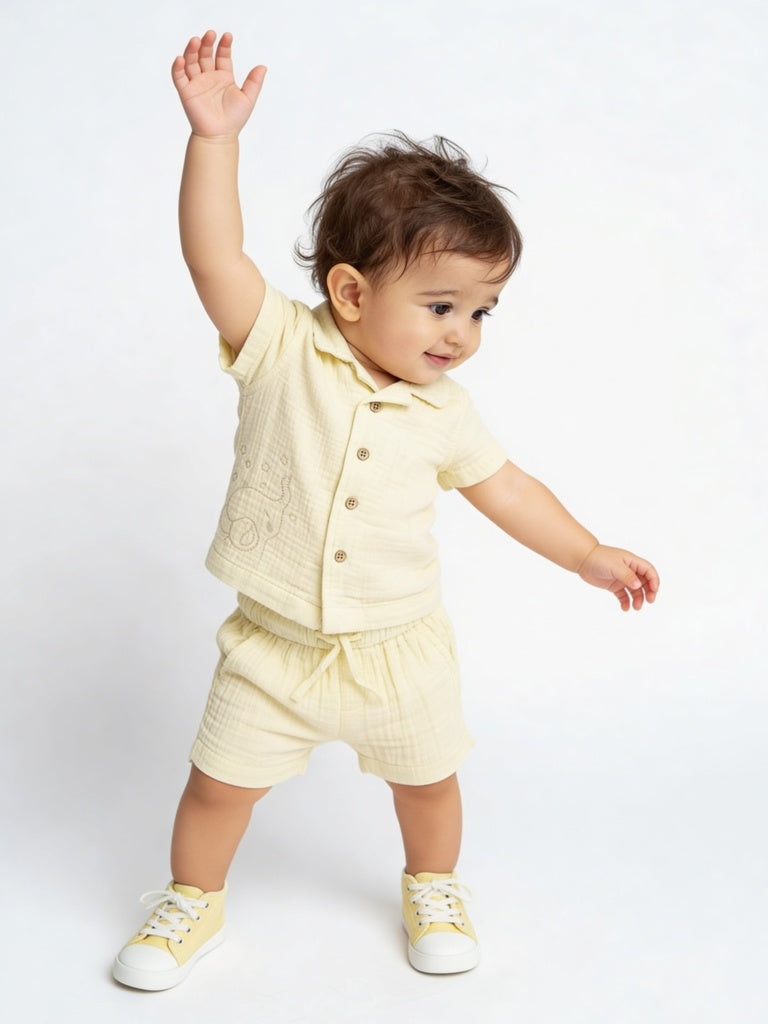 HOP Baby Boys Yellow Resort-Fit Cotton Shirt and Shorts Set