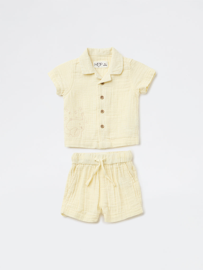 HOP Baby Boys Yellow Resort-Fit Cotton Shirt and Shorts Set