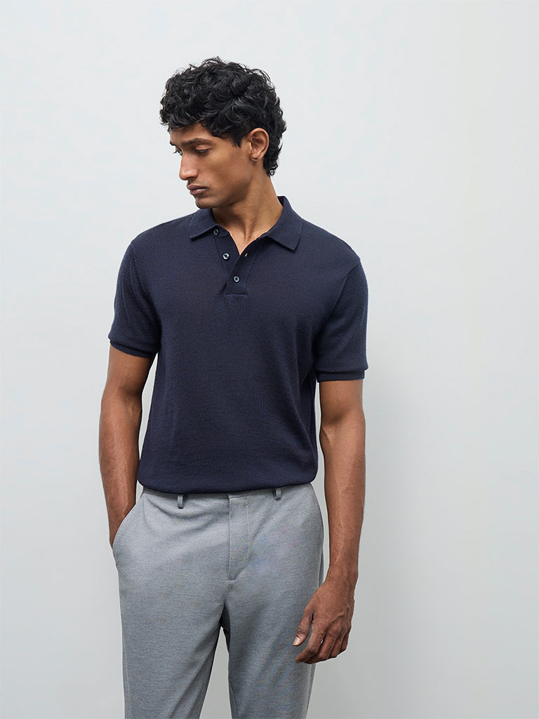 WES Formals Navy Knit-Textured Relaxed-Fit Polo T-Shirt