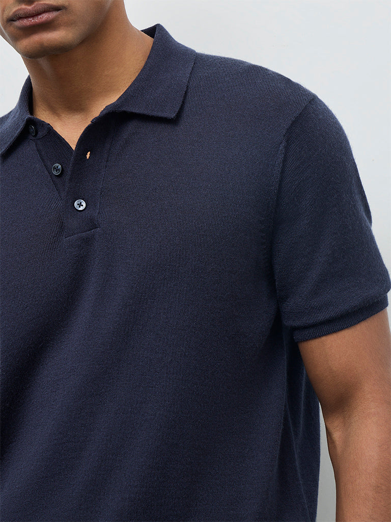 WES Formals Navy Knit-Textured Relaxed-Fit Polo T-Shirt
