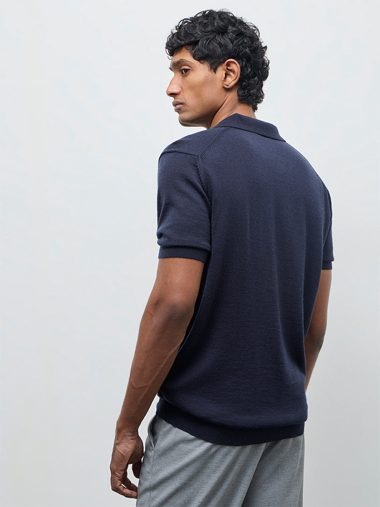 WES Formals Navy Knit-Textured Relaxed-Fit Polo T-Shirt