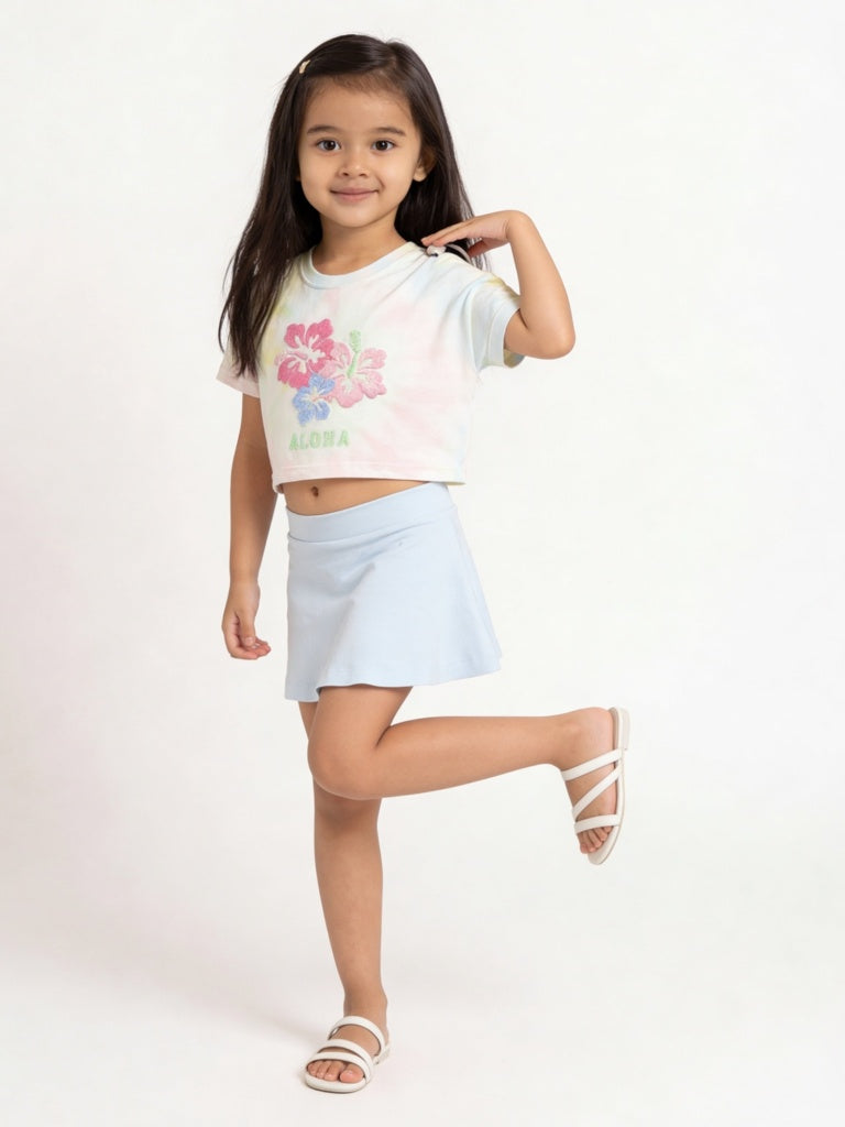 HOP Kids Girls Blue Embroidered Cotton T-Shirt and Skirt Set
