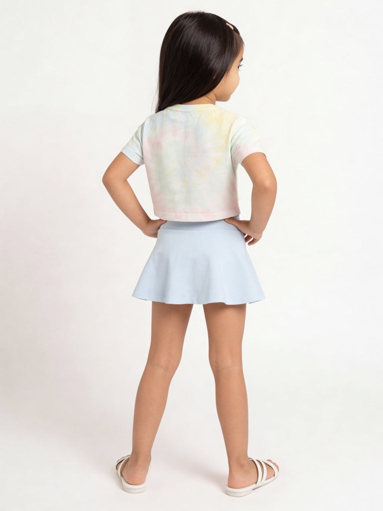 HOP Kids Girls Blue Embroidered Cotton T-Shirt and Skirt Set
