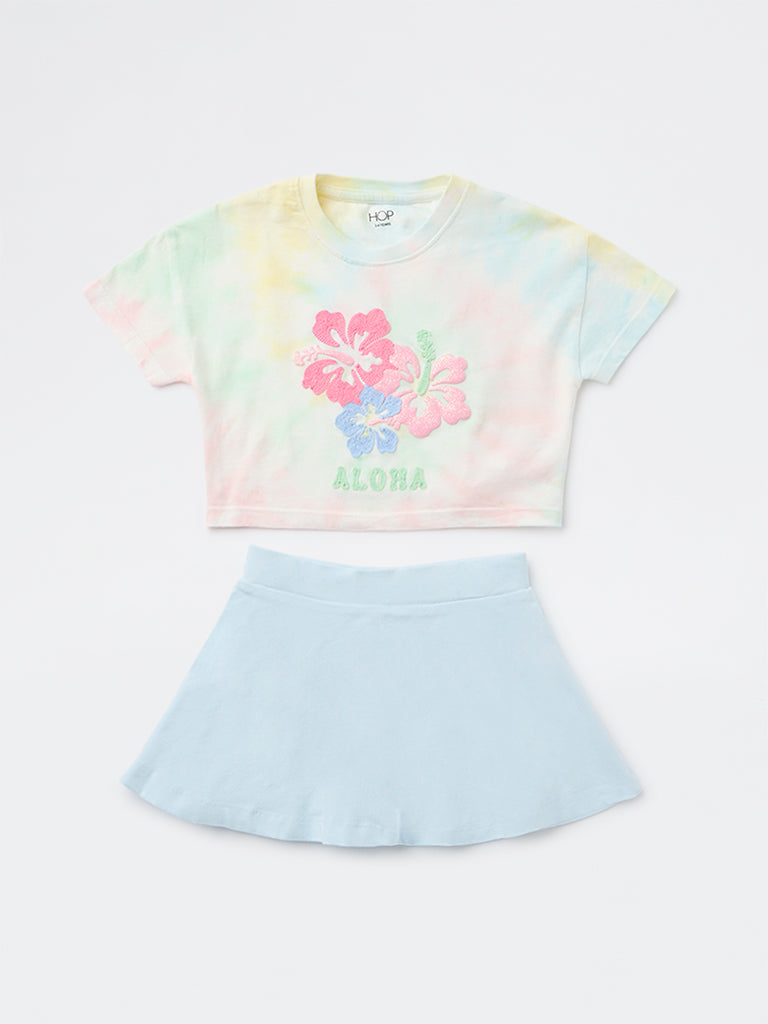 HOP Kids Girls Blue Embroidered Cotton T-Shirt and Skirt Set