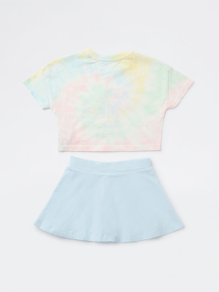 HOP Kids Girls Blue Embroidered Cotton T-Shirt and Skirt Set