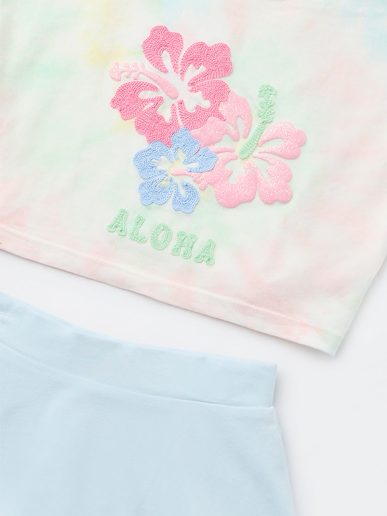 HOP Kids Girls Blue Embroidered Cotton T-Shirt and Skirt Set