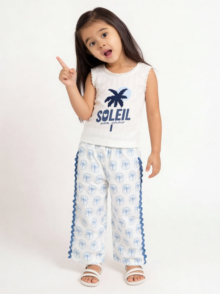HOP Kids Girls Blue Tropical Printed High-Rise Trousers