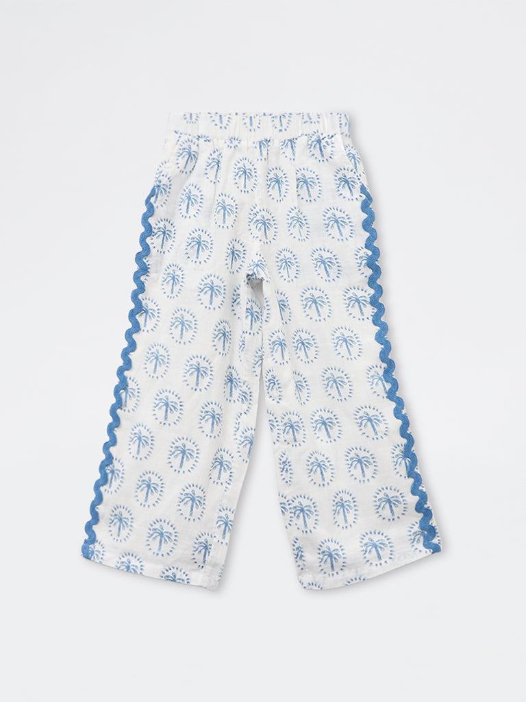 HOP Kids Girls Blue Tropical Printed High-Rise Trousers