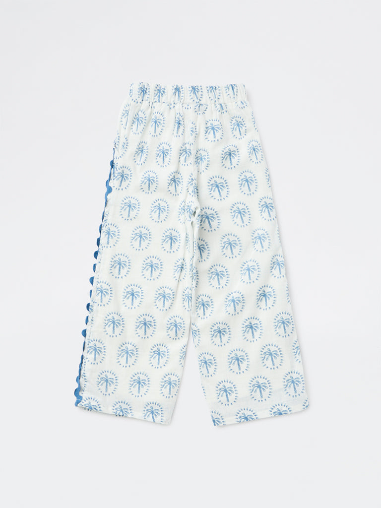 HOP Kids Girls Blue Tropical Printed High-Rise Trousers