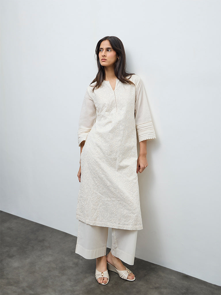 Zuba Off-White Solid Cotton Palazzos