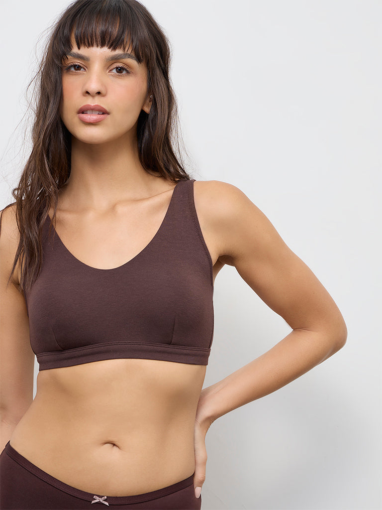 Wunderlove Dark Brown Padded Cotton-Blend Bralette