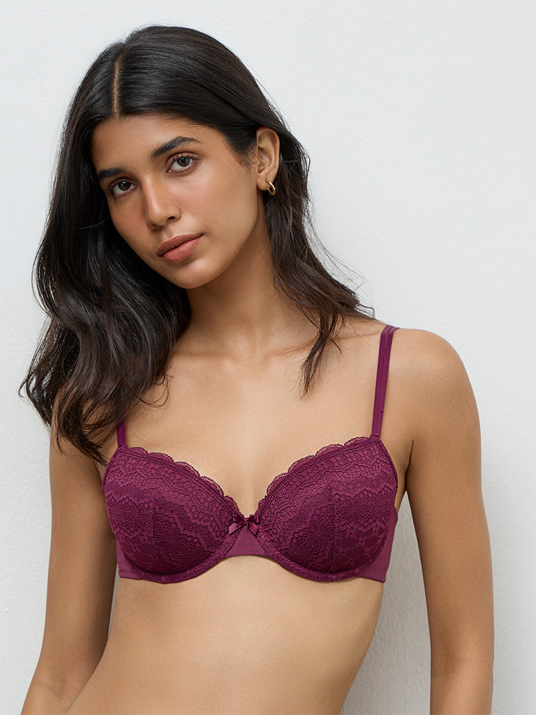 Wunderlove Plum Lace Design Cotton-Blend Under-Wired Bra