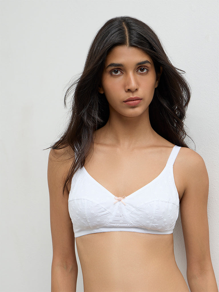 Wunderlove White Broderie Anglaise Non-Padded Cotton-Blend Bra
